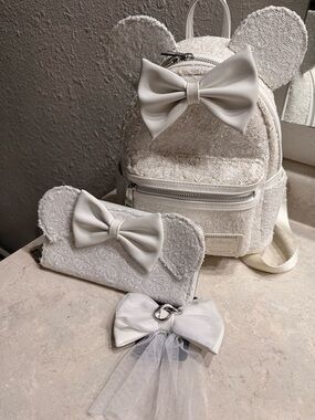 Loungefly Disney White Sequin Wedding Mini Backpack Set with Bow